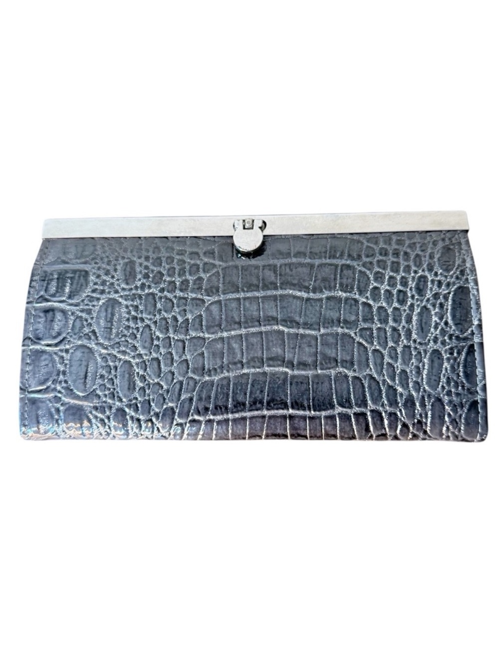 D FUSION Brand New Gray Croc Embossed Patent Clutch Purse Wallet Evening Bag